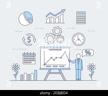 Business application vector cartoon outline illustration. Man with white desk showing rising graph, bar graphs, clock, coin flowers and calculator. Busy working process, business investment concept. Stock Vector