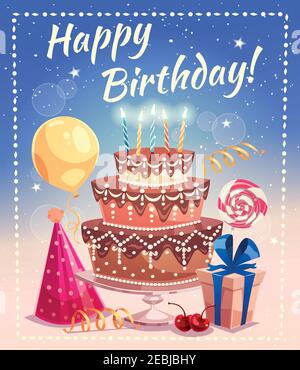 Happy birthday greeting card with big cake candles gift box tied by ribbon air balloon and clowns hat flat vector  illustration Stock Vector