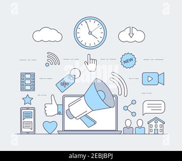 Social media and internet cartoon outline concept. Online communication, video production concept. Like, Wi-Fi, cloud storage signs, loudspeaker, computer display, phone vector illustration. Stock Vector