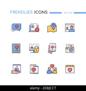Internet dating - modern line design style icons set. Mobile app for finding love, communication and relationships idea. Chatting, match, map, profile Stock Vector