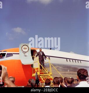 Inspection tour of NASA installations: Cape Canaveral Florida, 2:31PM. Vice President Lyndon B. Johnson arrives aboard Air Force Two at Cape Canaveral Air Force Station Cape Canaveral, Florida. Vice President Johnson traveled to Cape Canaveral as part of President John F. Kennedyu0027s official party, during a two-day inspection tour of National Aeronautics and Space Administration (NASA) field installations. Stock Photo