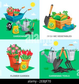 Garden 2x2 design concept set of organic vegetables garden flowers tools and inventory colored compositions flat vector illustration Stock Vector