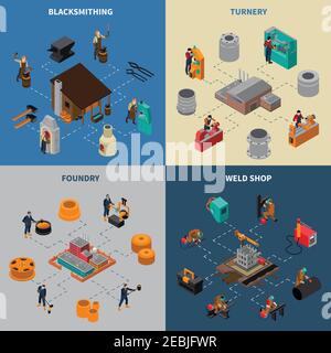 Metalworking 4 isometric icons square composition with blacksmith shop foundry and turner facilities service isolated vector illustration Stock Vector