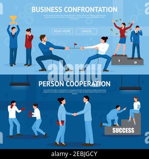 Constructive business confrontation and productive cooperation for success 2 flat horizontal banners website design isolated vector illustration Stock Vector