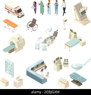 Isometric hospital icons set with different medical equipment doctors and nurses isolated on white background vector illustration Stock Vector