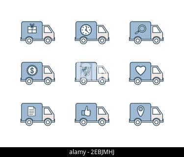 Vector set of delivery track outline icons. Collection of lorry trucks with gifts, clock, heart, document, coin, location point and shopping cart signs. Design elements of shipping service. Stock Vector