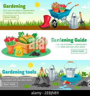 Gardening horizontal banners with guide information about measures for growing of agricultural products flat vector illustration Stock Vector