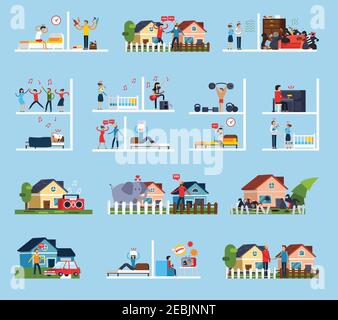 Conflicts with neighbors icons set with noise symbols flat isolated vector illustration Stock Vector