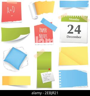 Colorful paper notes various shapes and sizes curled rolled bent and torn realistic images collection isolated vector illustration Stock Vector