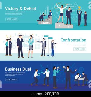 Constructive business confrontation principles for profitable result 3 flat horizontal banners webpage design isolated vector illustration Stock Vector