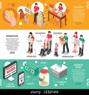Charity donation center helping and caring about people and animals isometric banners isolated vector illustration Stock Vector