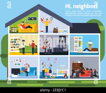 Neighbor conflicts composition with repairs music and children symbols flat vector illustration Stock Vector