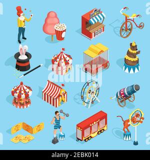 Travel chapiteau circus classic vintage isometric icons set with tent strongman magician and tiger isolated vector illustration Stock Vector