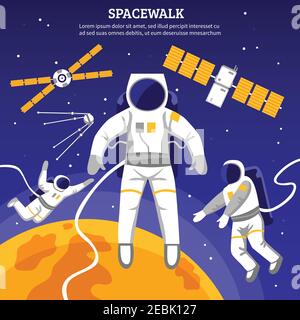 Satellites and three astronauts having spacewalk flat vector illustration Stock Vector