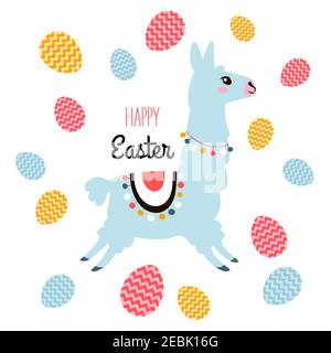 Easter card for Easter holidays design concept. Llama and Easter eggs Stock Vector
