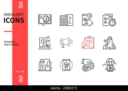 Business and finance - line design style icons set. Task management and workflow idea. Search, calculator, pay per click, to do, start up, marketing, Stock Vector