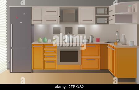 Orange modern kitchen interior with furniture and stylish create for exhibition sample vector illustration Stock Vector