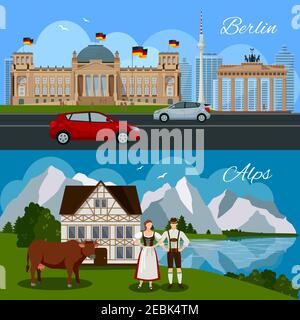 Germany flat composition with government building monument cars Brandenburg gate and picturesque beautiful landscape vector illustration Stock Vector