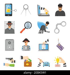 Theft icons set of information idea property money stealing in flat style isolated vector illustration Stock Vector