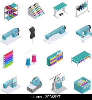 Colored and isolated garment factory isometric icon set machines sewing machines garment manufacturing vector illustration Stock Vector