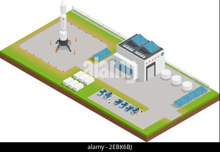 3d space isometric composition the layout of the building, dealing with service and construction of rocket vector illustration Stock Vector