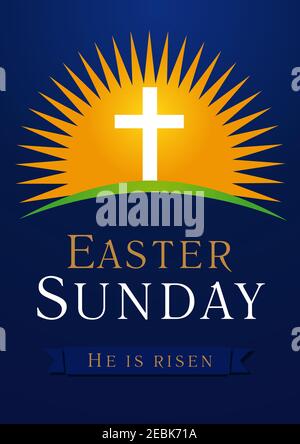 Happy Easter. He is risen. Greetings celebrating invite. Calvary cross in sun light vector logo. Missionary card. Template symbol for christian church Stock Vector