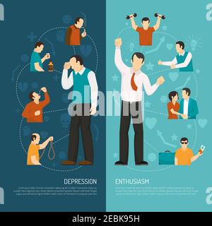 Depression vertical banners with people suffering from disease and trying to overcome problem flat vector illustration Stock Vector