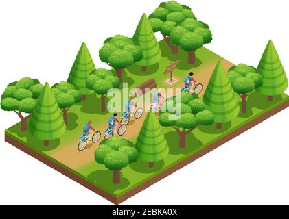 Camping hiking isometric composition tourists go on forest trail in park on bicycles vector illustration Stock Vector