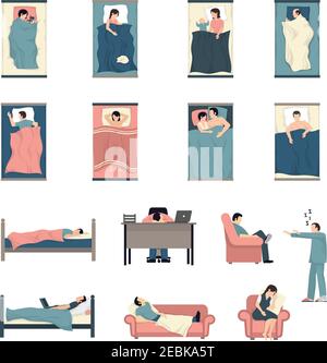 People sleeping in bed with kids cats together and at work desk flat icons set isolated vector illustration Stock Vector