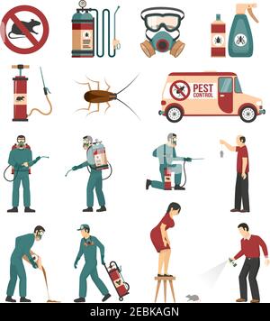 Pest control service equipment treatments and products flat icons collection with cockroaches and rats removal isolated vector illustration Stock Vector