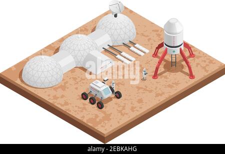 Colored rocket space isometric composition with platform for launching rockets and their engineering vector illustration Stock Vector