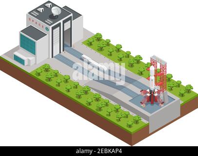 Colored 3d rocket isometric composition with design for repair and build rockets vector illustration Stock Vector