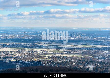 Beautiful aerial view on european finance center city downtown Frankfurt am Main  from Taunus Mountains (mountain Altkonig, Feldberg) by Konigstein Fa Stock Photo