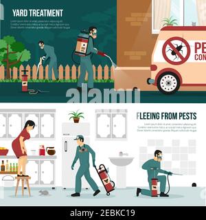 Pest control services technology concept 2 flat horizontal banners with professional yard and interior treatment isolated vector illustration Stock Vector