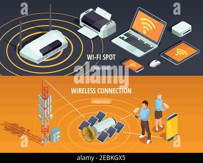 Internet wireless connection 2 isometric horizontal banners set with satellite signal and mobile devices isolated vector illustration Stock Vector