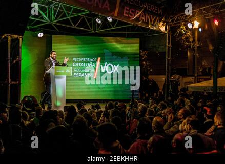 Barcelona, Spain. 12th Feb, 2021. IGNACIO GARRIGA, candidate of right-wing party VOX for the Catalan presidency, addresses supporters during the party's campaign closing meeting Credit: Matthias Oesterle/Alamy Live News Stock Photo