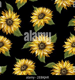 Seamless pattern with sunflowers on a black background. Stock Vector