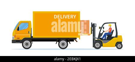 Forklift loading pallet boxes into truck in rear view. Electric ...