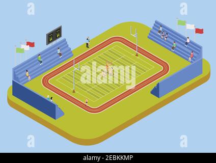 University sport complex american football stadium with public fans and cheerleaders performance isometric view poster vector Ilustration Stock Vector