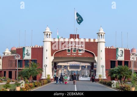 Because of the COVID-19 pandemic, the lowering of the flags ceremony at the Wagah border, Punjab, Pakistan was minimal in India without spectators Stock Photo