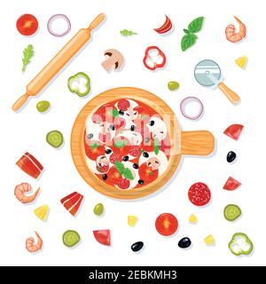 Top view pizza set composition in cartoon style with pizza on carving board and filler slices vector illustration Stock Vector