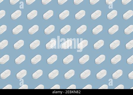 Pills vector flat pattern isolated on blue background. White drugs, painkillers, antibiotics, and vitamin tablets. Medical pills, medicaments to treat illness, pain, and viruses background concept. Stock Vector
