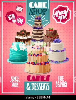 Baked cakes cartoon poster with fruit and chocolate cakes vector illustration Stock Vector