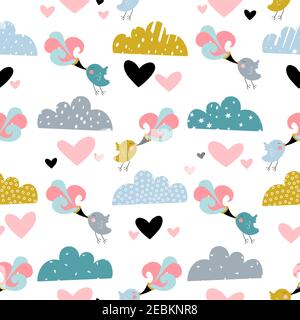 Cute little birds are flying in the sky above the clouds. Seamless pattern with hand drawn elements for kids design. Stock Vector