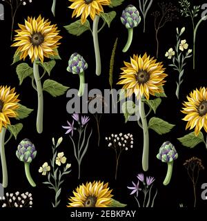 Seamless pattern with sunflowers, artichokes and wild flowers . Vector illustration. Stock Vector