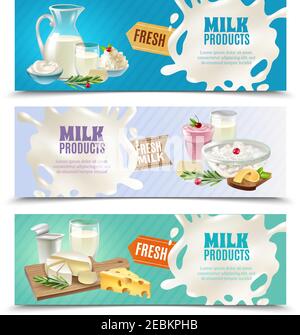 Dairy products horizontal banners set with milk and ice cream cartoon isolated vector illustration Stock Vector