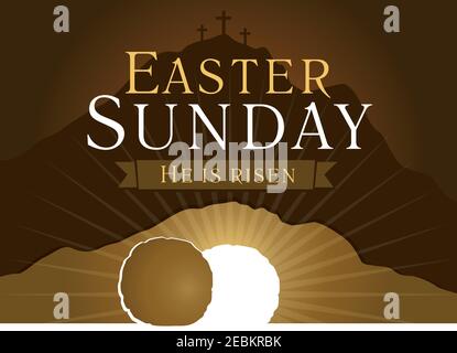 Easter Sunday, He is risen. Greetings, invite vector card. Calvary sunrise with three crosses, open lighting empty cave and stone. Religious symbol. H Stock Vector