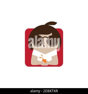 Cartoon design kid holding cellphone in red square shape. Cute kid in colorful and flat style design. Vector illustration EPS.8 EPS.10 Stock Vector