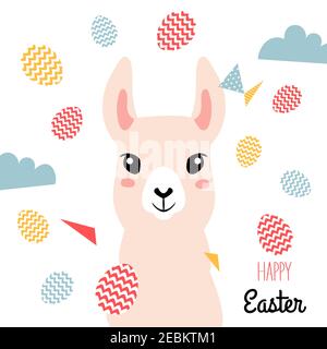 Easter card for Easter holidays design concept. Llama and Easter eggs Stock Vector