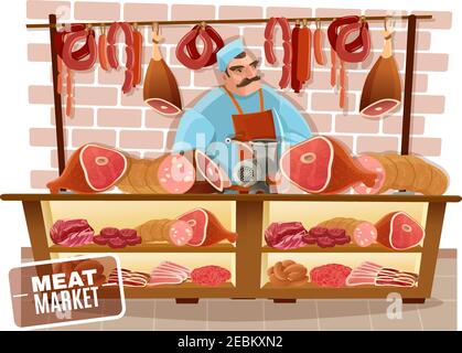 Butcher and meat market with sausages beef and bacon cartoon vector illustration Stock Vector